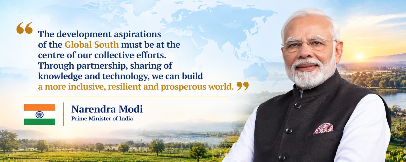 “The development aspirations of the Global South must be at the centre of our collective efforts. Through partnership, sharing of knowledge and technology, we can build a more inclusive, resilient and prosperous world.” — Narendra Modi, Prime Minister of India